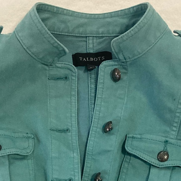 SOLD…Talbots Jacket Jean Jacket Teal Denim Military-Inspired Style, Size Small - Picture 11 of 16